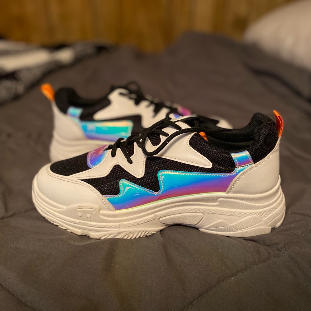 Holographic sneakers, Size: women’s 11, fits more like a 10.5. From Fashion Nova